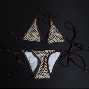 Crochet Tie-Side Bikini Set in Cream and Brown - Women Swim